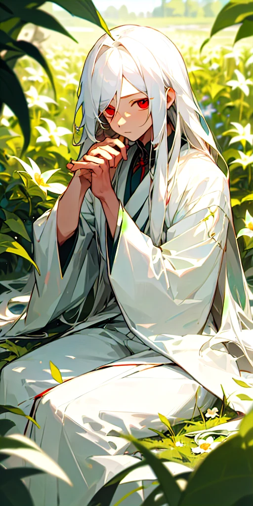 (masterpiece, best quality),1boy with long white hair sitting in a field of green plants and flowers, her hand under her chin, warm lighting, white dress, blurry foreground, red eyes, chinise clothes