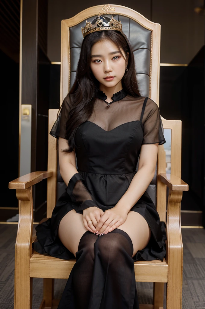 A photo of a beautiful Korean woman wearing a black dress wearing a crown sitting on a royal chair holding a board that says ADMIN ABIBASTYA BANGTAN with a royal background