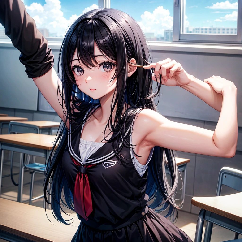 anime girl, black eyes, black hair and looking at the sky in a classroom a cuerpo completo