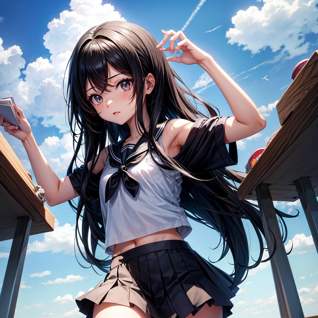 anime girl, black eyes, black hair and looking at the sky in a classroom a cuerpo completo
