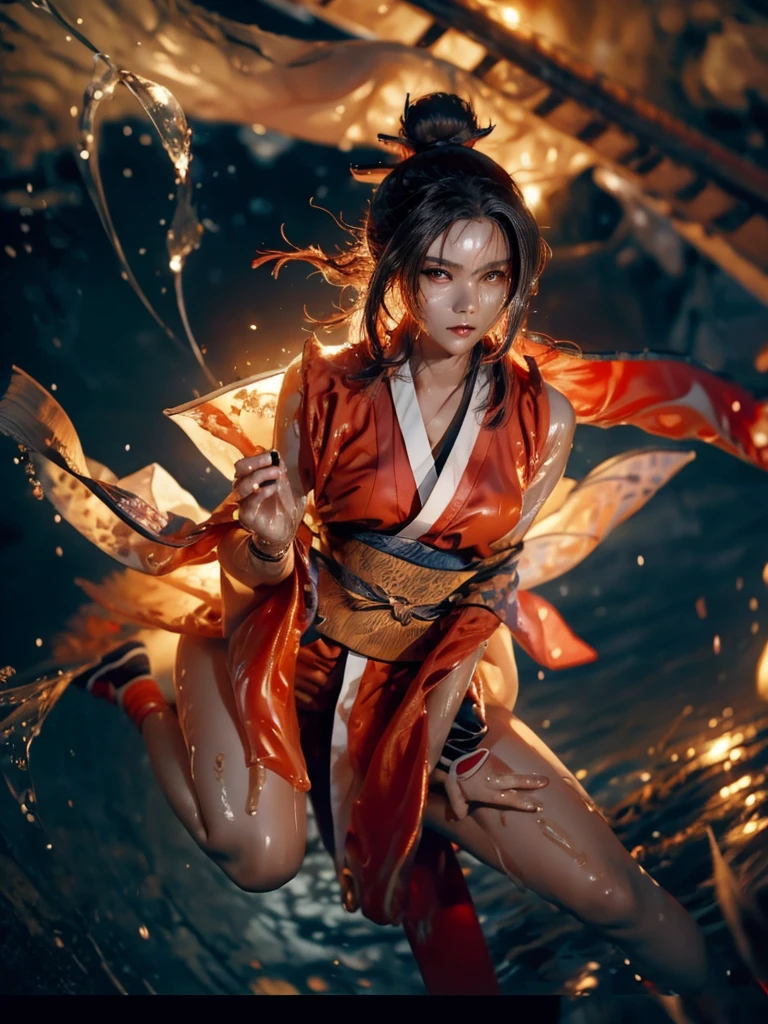 (exquisitely detailed CG unity 8k wallpaper, masterpiece-quality with stunning realism), (best illumination, best shadow), (best quality), (elegant style:1.2), Arti modern anime. angled view, heroic pose, midshot, (cel-shading style:1.3), centered image, ultra detailed closeup portrait of (Mai Shiranui:1) from (King of Fighters), best quality, expressive eyes, perfect face, highres, (ultra details), 1 girl, solo, brown hair, hair ornament, eyeshadow, gold, white and red qipao, highly ornamented, in the city of Japan, portrait, looking at the viewer, piercing eyes, full body, (light from the angle:1) (wind blowing:1.2).(depth of field effects:1.3) (motion action:1.2) (closeup:1.2) (angled closeup photography:1), (motion blur effects:1), wide angles, spreading feet, Thin to transparent,see-through,(((Soggy-kimono:1.2))),Lace fabric, (((water-immersed body: 0.9))),jewelry, relaxing pose, (dress on fire:.7), ((Leaning forward:1))
