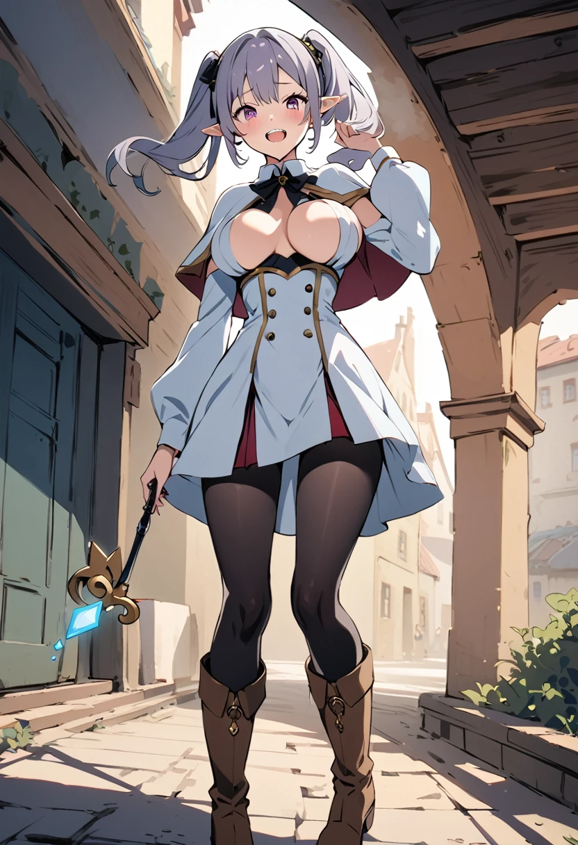 masterpiece, Highest quality, Illustration of the novel, High resolution, 18+ Adult content, Sensual, Intimate, Emotional, Passionate, romantic, sweet, Adorable, Innocent, Pure, charmな, charmな, charm, mysterious, charmな, charmな, Immersive, charmな, dream-like, Surreal, Imaginative, Whimsical, Artistic, Avant-garde, timeless, elegant, Sophisticated, chic, Sophisticated, Personality, original, charmな氷結, Pointy Ears, One Girl, Twin tails, Gray Hair, alone, Black pantyhose tearing, boots, Brown footwear, Capelet, knee boots, Magic wand, white Capelet, White jacket, Breaking, teeth, teeth focus, Camel Toe, From behind, ((Imitating breasts:1.3))Destroy,,Face Focus