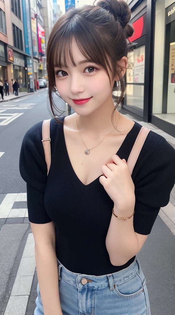 masutepiece, Best Quality, Illustration, Ultra-detailed, finely detail, hight resolution, 8K Wallpaper, Perfect dynamic composition, Beautiful detailed eyes, Trendy Women's Fashion Winter Clothes,Bun hair,Small breasts natural color lip, sexypose,Smile,Harajuku、20 years girl、Cute、is looking at the camera