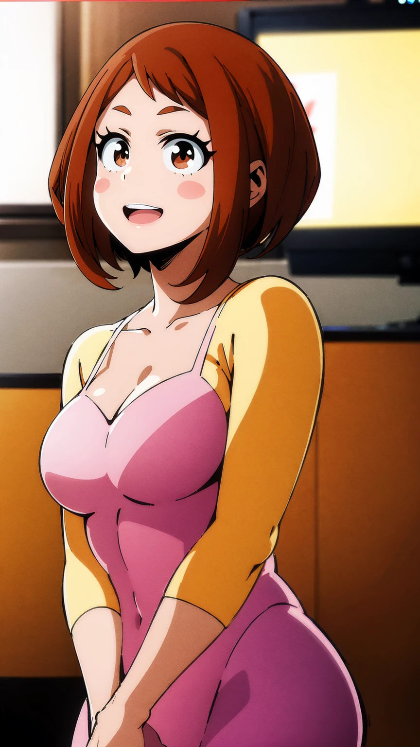 NSFW:1.2, ochaco_uraraka, 1girl, solo, blush_stickers, pinklingerie, open_mouth, looking_at_viewer, smile, :d, teeth, without shirt, neckless, blush, standing, indoors, office, full_body, high_heels, detailed face, beautiful detailed eyes, beautiful detailed lips, extremely detailed eyes and face, long eyelashes, realistic, photorealistic, photo-realistic:1.37, best quality,4k,8k,highres, studio lighting, sharp focus, extreme detail description, professional, vivid colors, bokeh