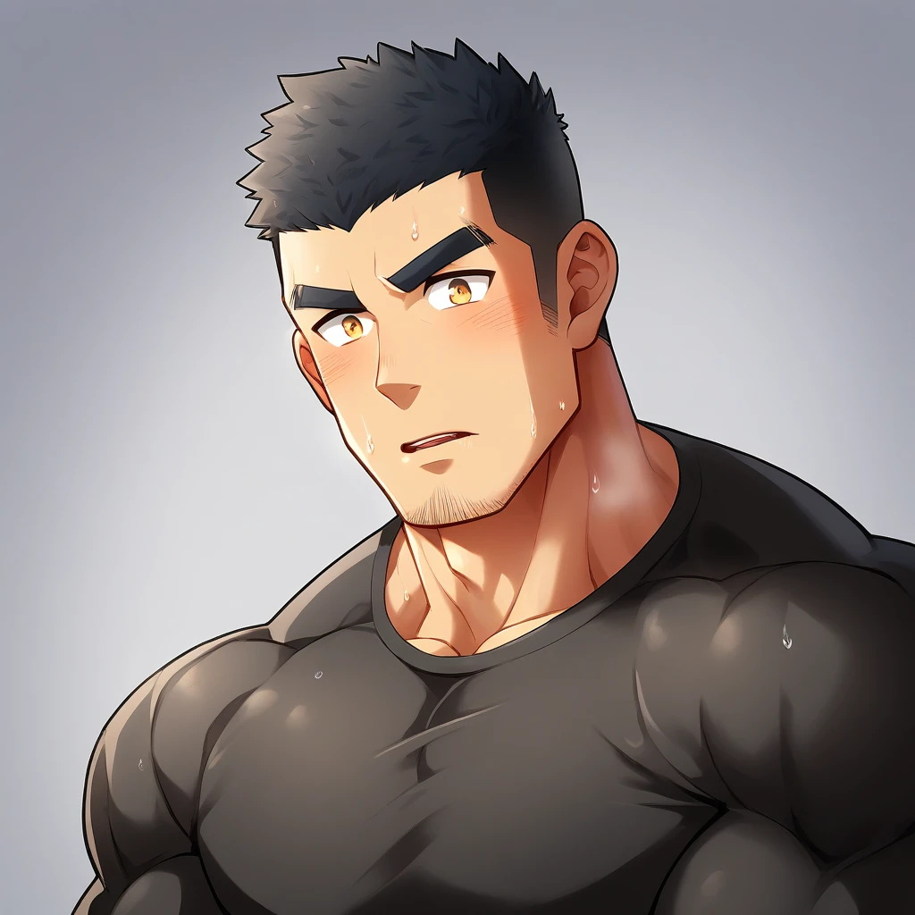 anime characters:Gyee, Muscle Sports Student, 1 muscular tough guy, Manliness, male focus, Light yellow high collar long sleeve tight T-shirt, Very tight, The clothes were soaked with sweat, The pectoral muscles are oversized, Slightly transparent, muscular male, muscular, only, Upper body, alone, Black short hair, Thick eyebrows, stubble, Yellow eyes, Grey background, simple background, amazing quality, best aesthetics, Ridiculous, bright pupils, crew cut, parted lips, shy, blush, moaning, saliva trail, drop shadow, best quality