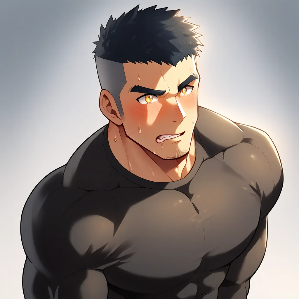 anime characters：Gyee, Muscle Sports Student, 1 muscular tough guy, Manliness, male focus, Light yellow high collar long sleeve tight T-shirt, Very tight, The clothes were soaked with sweat, The pectoral muscles are oversized, Slightly , muscular male, muscular, only, Upper body, alone, Black short hair, Thick eyebrows, stubble, Yellow eyes, Grey background, simple background, amazing quality, best aesthetics, Ridiculous, bright pupils, crew cut, parted lips, shy, blush, , saliva trail, drop shadow, best quality