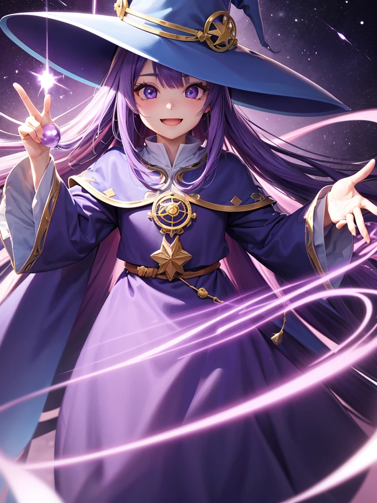 Wizard、One girl、Tongari hat、Purple Hair、long hair、magic circle、Big Eyes、Smile with your mouth closed、Highest quality, High definition, Ultra-fine, Highest_detailed