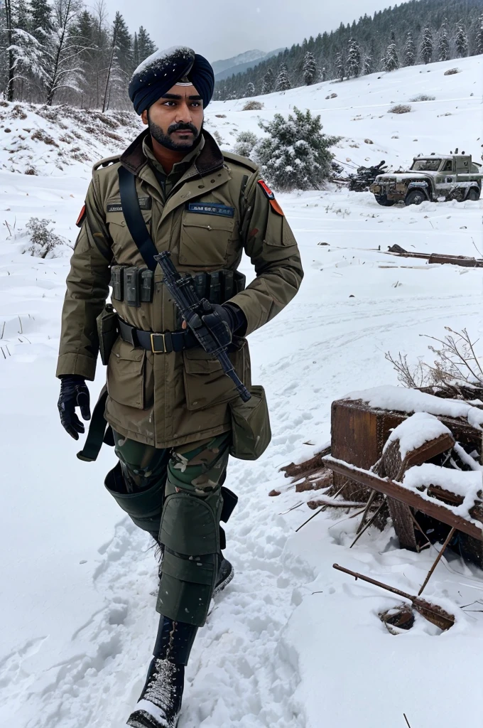 Major Arjun Singh directing his soldiers with determination amidst the chaos of battle in a snowy terrain."