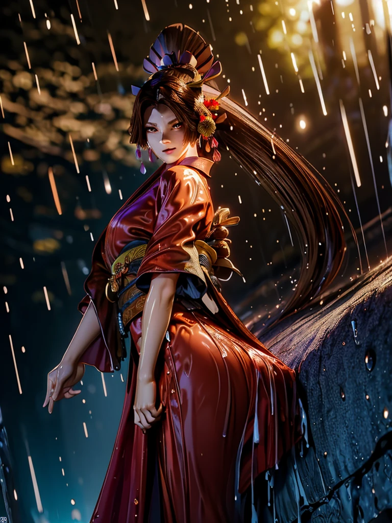 (exquisitely detailed CG unity 8k wallpaper, masterpiece-quality with stunning realism), (best illumination, best shadow), (best quality), (elegant style:1.2), Arti modern anime. angled view, heroic pose, midshot, (cel-shading style:1.3), centered image, ultra detailed closeup portrait of (Mai Shiranui:1) from (King of Fighters), best quality, expressive eyes, perfect face, highres, (ultra details), 1 girl, solo, brown hair, hair ornament, eyeshadow, gold, white and red qipao, highly ornamented, in the city of Japan, portrait, looking at the viewer, piercing eyes, full body, (light from the angle:1) (wind blowing:1.2).(depth of field effects:1.3) (motion action:1.2) (closeup:1.2) (angled closeup photography:1), (motion blur effects:1), wide angles, spreading feet, Thin to transparent,see-through,(((Soggy-kimono:1.2))),Lace fabric, (((water-immersed body: 0.9))),jewelry, relaxing pose, (dress on fire:.7), ((Leaning forward:1))

