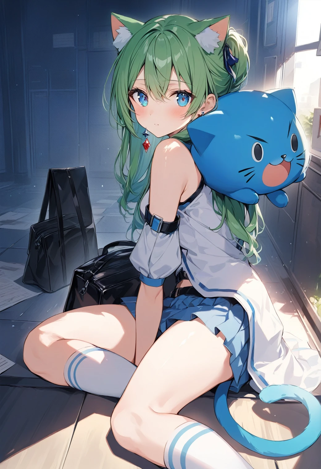 ,One girl,Deltamon_beta, alone, blue eyes, Knee socks, Animal ears, Bare shoulders, Blue Tail, Earrings,Removable sleeves, Green Hair, No sleeve, Cat ear, bag, white Knee socks, Cat&#39;s Tail,pink backpack,Pink school bag, Destroying All Fours, teeth, teeth focus, Camel Toe, From behind, Destroy the mimic chest, BREAK
score_9, score_8_superior, score_7_superior, score_6_superior, score_5_superior, score_4_superior, anime, No correction, (high quality, detailed, beautiful), Shiny, detailed beautiful eyes, Extraordinary, Countershading, detailed soft lighting