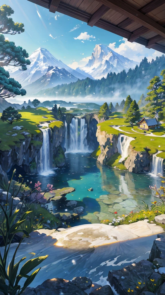 masterpiece, Tranquil scenery, Snowy peaks towering,Overlooking the lush grassland, The clear water reflects the stunning scenery, Extremely detailed, Practical, Dynamic Lighting, high resolution, Sharp focus, Immersive Depth of Field, Complex textures of vegetation and water, The morning sun casts long shadows, Disturbing tranquility and peace, Inspired by Monet or Hokusai.