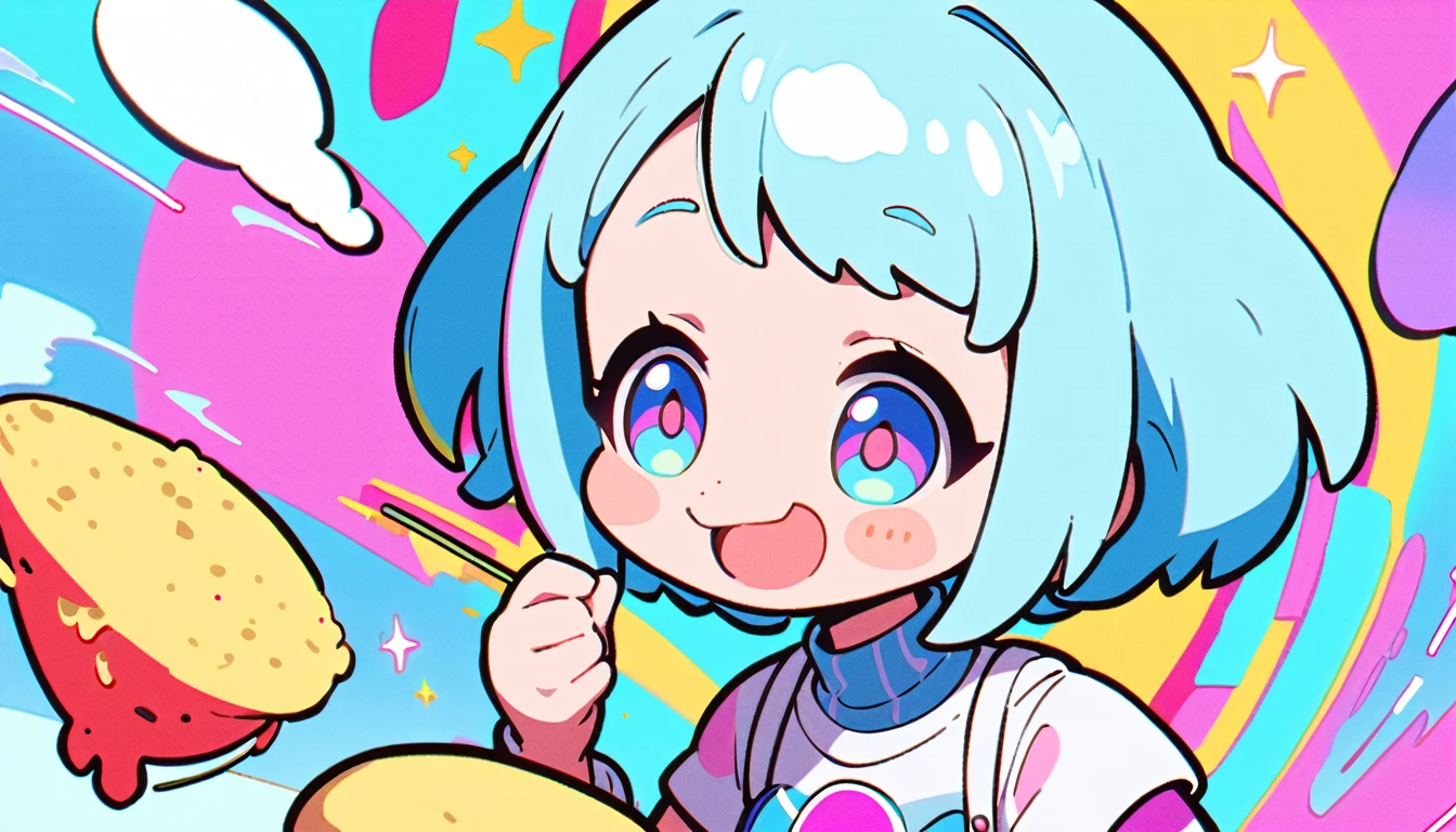 1 female, Light blue hair, short hair、Happy,cute, animation style, kawaii, clearly, bubblegum pop, cute、Pink and light blue as main colors、eating omelet rice、Anime Style、colorful、Pop、colorful cyberpunk,
