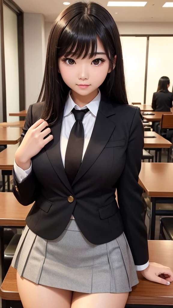 ((high quality)), ((Tabletop)), (Detailed face), (highlight), Asian Girl、Big breasts、thigh、Black Hair、Heavy bangs、high school girl、skirt、blazer、