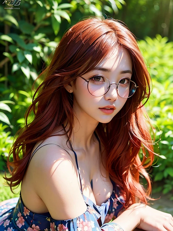(Masterpiece:1.3)、(8K、Realistic photos、RAW shooting、Highest quality: 1.4)、absolutely correct、textured skin、((((1 girl、alone))))、((Shoot for one person only.))、beautiful face, Realistic face wearing glasses, Red hair and attractive features, wild red hair, copper curly hair, long shiny hair., Amaranthus, red hair, red hairหยิก, Clear, smooth face, clear glasses, beautiful eyes, perfect proportions. Floral skirt dress, shoulders showing, close-up camera angle See the face clearly (best illustrations), (best shadow) bright colors, forest, water, beauty of nature, Oasis of Peace , cherry tree,Various species of flowers, Blue Sky Ray Tracking, Awesome details --v6