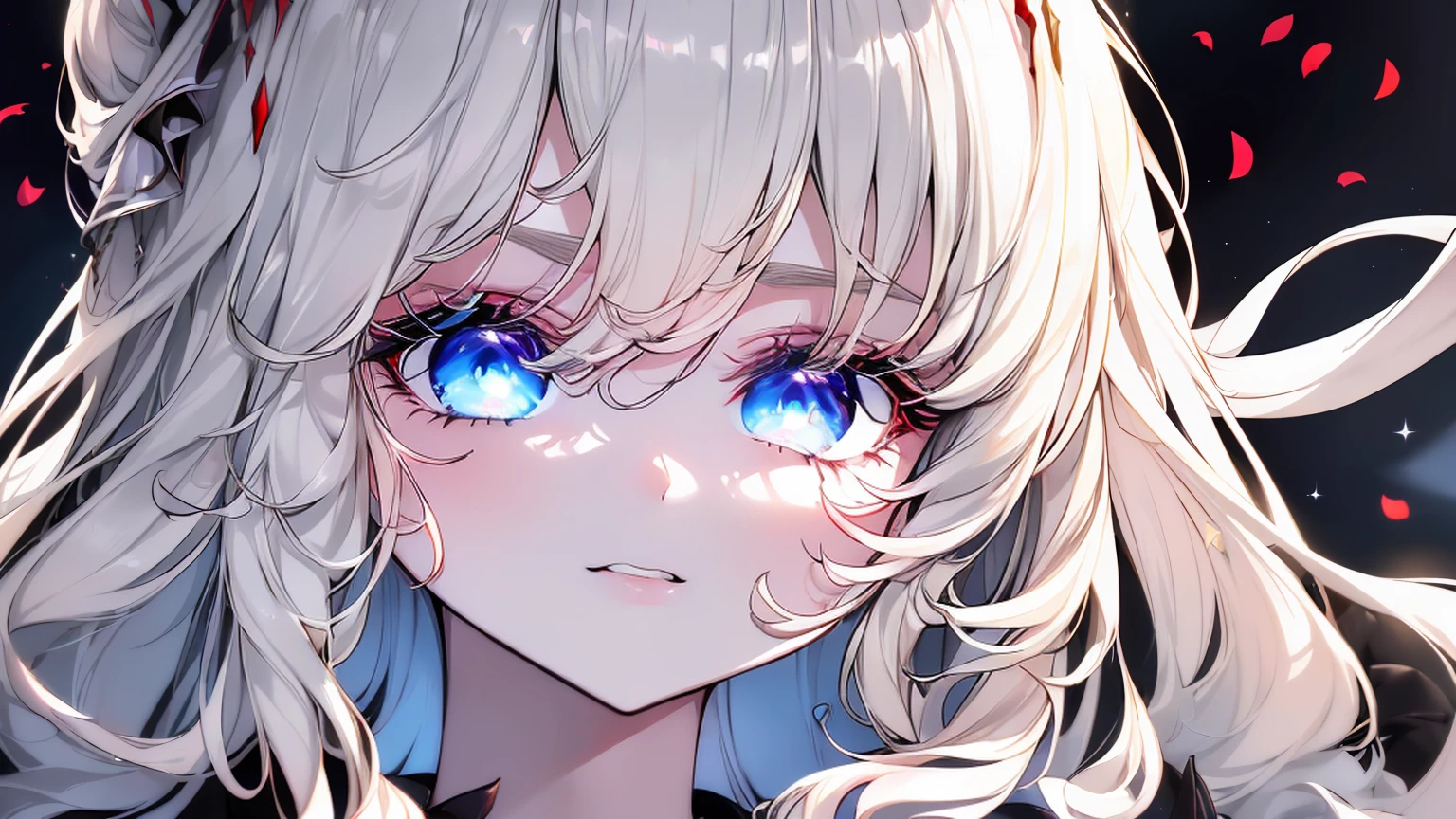 ((((Obra maestra, La mejor calidad, ultrahigh resolution)))), 1girl, standing,), ((long pure blonde hair, hair over eye)), long hair cut, shiny skin, ((blue eyes)), glowing_eyes, neon eyes, (ultra detailed eyes:0.7, beautiful and detailed face, detailed eyes:0.9), ((centered)), smirk, facing viewer, ((vibrant background, dark lighting, summer, sunlight)), large chested, looking at viewer, ((half closed eyes)), ((perfect hands)), (((head:1, arms, hips in view, elbows, in view))), ((hands behind back)), empty eyes, beautiful lighting, ((outside, outdoors)), defined subject, head tilt, (((gritty)), ((creepy)), ((cool)), ((beautiful)), (((SFW))), hair ornament, petals in the air, moon in the sky, city, mature woman, adult woman, sfw, white dress,