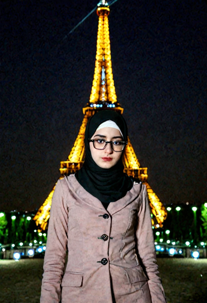 Slim fit weak Very Pale skin black eyebrows kurdish glasses teen in tight hijab standing front Eiffel tower at night portrait  