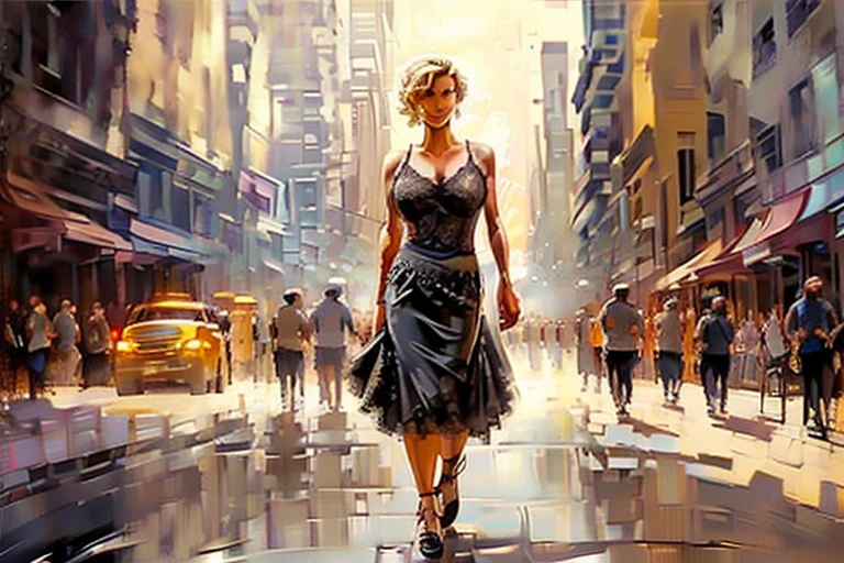 (back view),(full body:1.4),(rule of thirds), Walking city streets, Athletic blonde woman, (short hair), tomboy, cute, ((smile)), Smoky eye, mascara, sheer lace camisole. Sexy. Masterpiece, (highly detailed:1.2),(detailed face and eyes:1.2), 8k wallpaper, cinematic lighting. core shadows, high contrast, bokeh