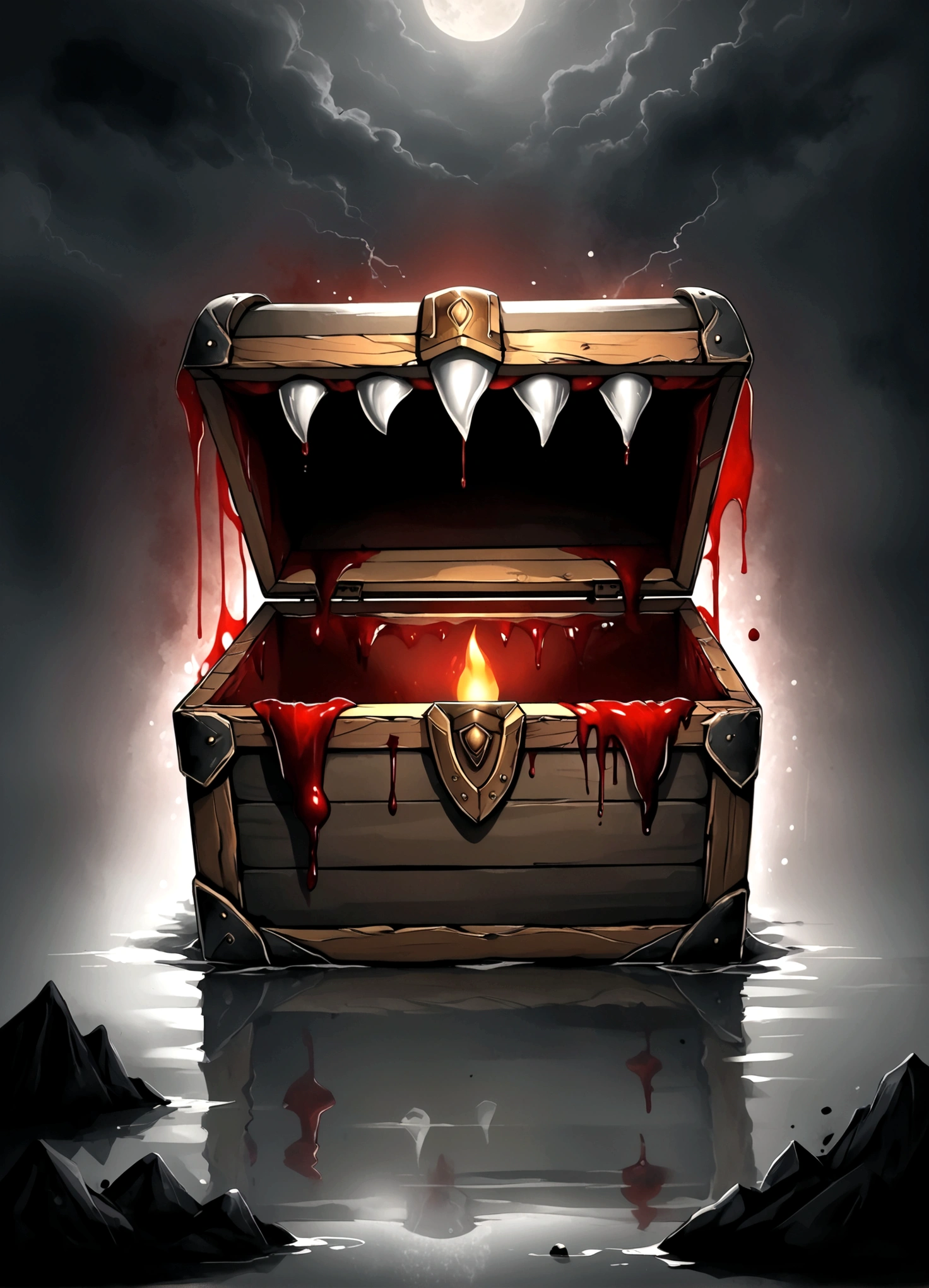 Draw a scene where a mimic chest is placed in a dimly lit place,(mimic chest,The lid of the box looks like a mouth,There are many fangs in the mouth of the box.,(There are blood stains on the surface of the box),Add artistic effects to your background,Place vengeful spirits around you who are twitching with fear.,The vengeful spirits are drawn in white, crying black tears.,White whirlpool heading upwards,black mist,splash blood,decadently,fear,scream,suspicious,decadently,Blur in some places to express artistically