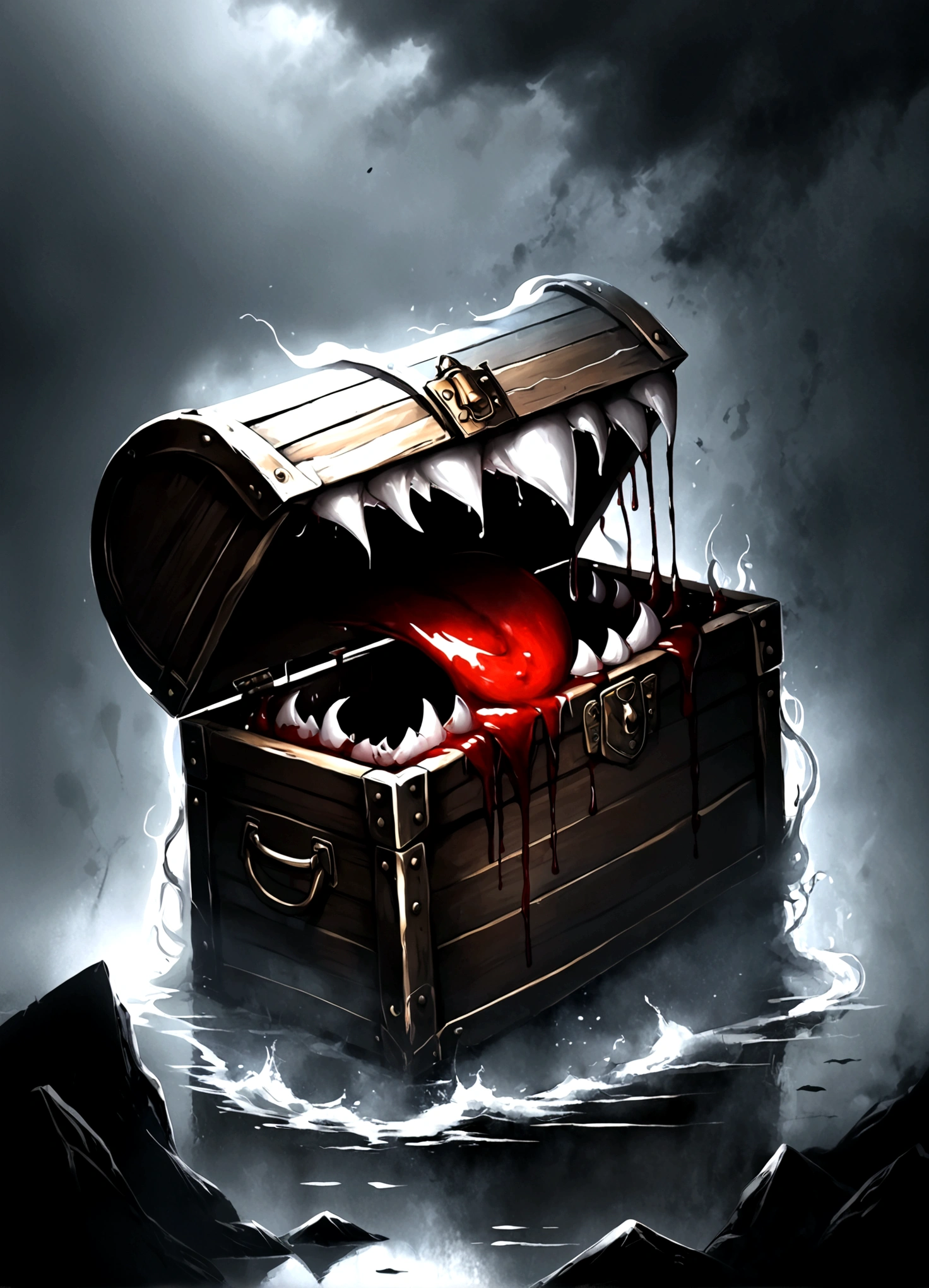 Draw a scene where a mimic chest is placed in a dimly lit place,(mimic chest,The lid of the box looks like a mouth,There are many fangs in the mouth of the box.,(There are blood stains on the surface of the box),Add artistic effects to your background,Place vengeful spirits around you who are twitching with fear.,The vengeful spirits are drawn in white, crying black tears.,White whirlpool heading upwards,black mist,splash blood,decadently,fear,scream,suspicious,decadently,Blur in some places to express artistically