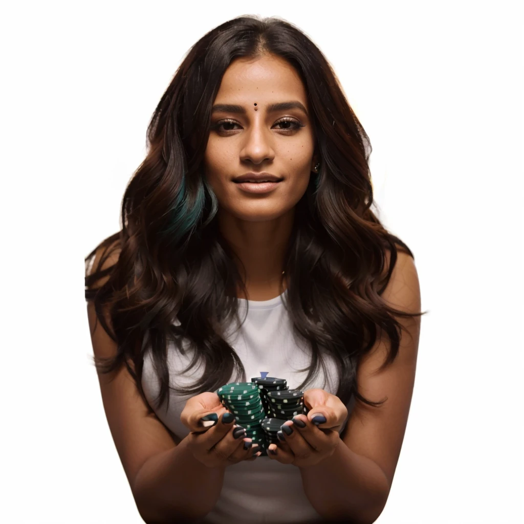 Dravidian woman holding green and blue chips in her hands, casino, online casino logo, poker, Jody Herolle, On black background, Profile photo, gamble, 3 0-year-old female, 30-year-old female, playing poker, Looks cool, Stunning images, Gorgeous Stella Maeve