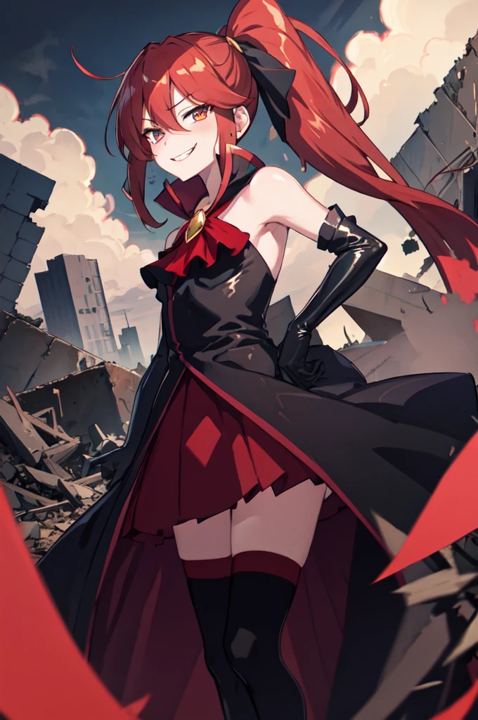 Highest quality, masterpiece, One Girl,Not beautiful, Red Ponytail, Long dress, brooch, Hair Ribbon, - Elbow hand pockets, Black knee socks, Standing on the rubble,Red cityscape, (Wicked Smile:1.1), ,,Dark shadowed face,Sadistic smile,Malice,Contempt,smile,latex,Bad face,,Red Skirt,Raging Thunder



