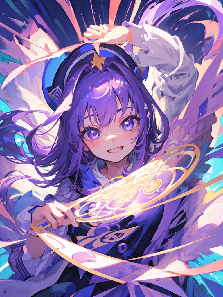 Wizard、One girl、Tongari hat、Purple Hair、long hair、magic circle、Big Eyes、Smile with your mouth closed、Highest quality, High definition, Ultra-fine, Highest_detailed