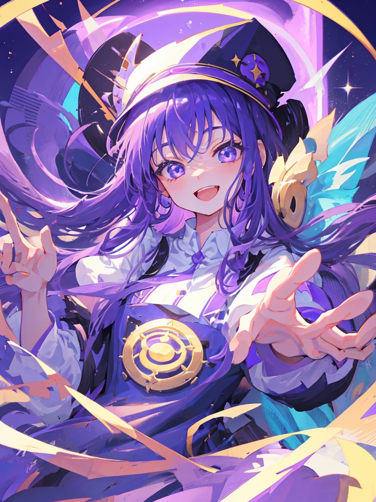 Wizard、One girl、Tongari hat、Purple Hair、long hair、magic circle、Big Eyes、Smile with your mouth closed、Highest quality, High definition, Ultra-fine, Highest_detailed