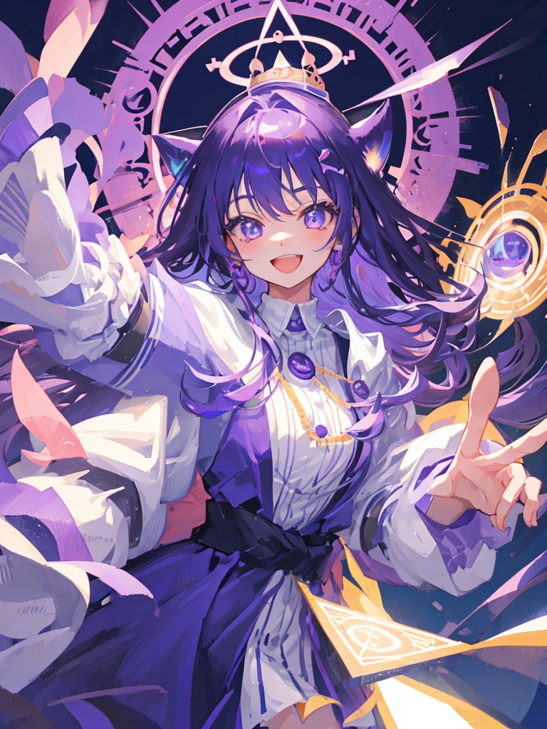 Wizard、One girl、Tongari hat、Purple Hair、long hair、magic circle、Big Eyes、Smile with your mouth closed、Highest quality, High definition, Ultra-fine, Highest_detailed