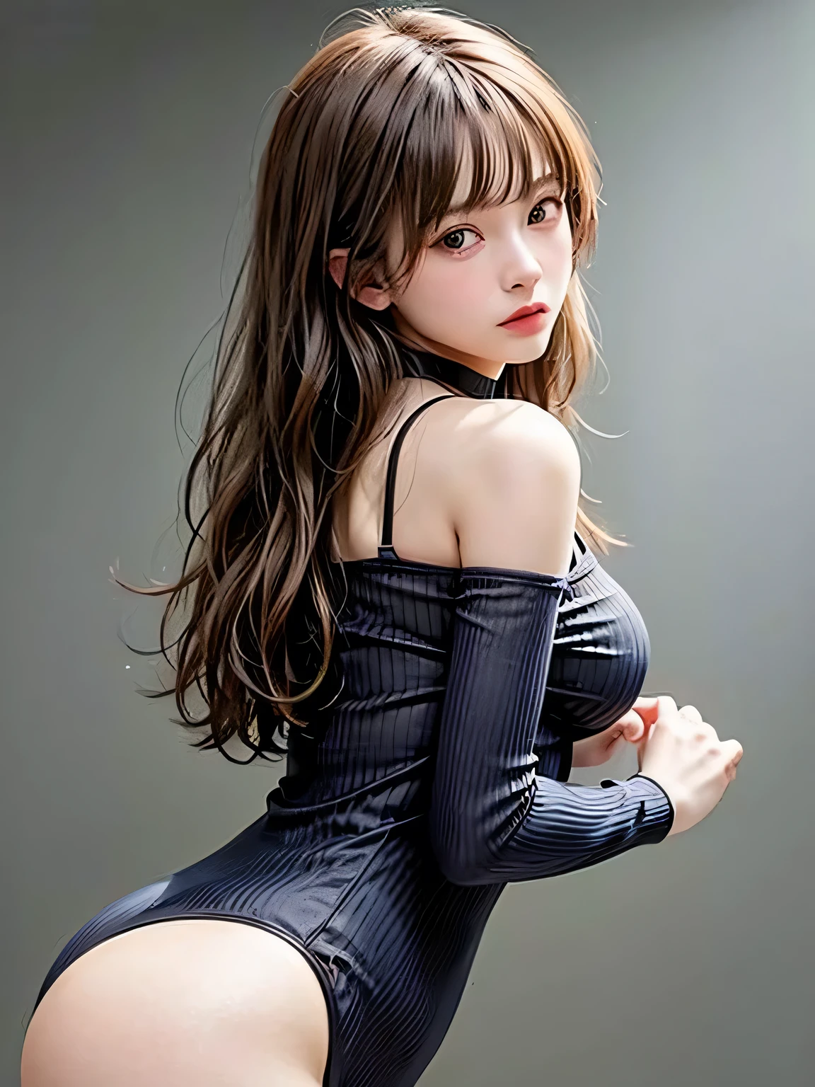 Atmosphere scene、masterpiece、Highest quality、(Face details、Detailed skin texture)、(Cinema Light:1.1)、High definition、Color Magic、1 female、whole body、Long Hair、Gray Hair、blue eyes、blush、Small 、Wide  、Thick 、See-through、、Bodysuits、カラフルなBodysuits、Perfect for the skin、From below、Bold pose、Change the pose、simple_background、