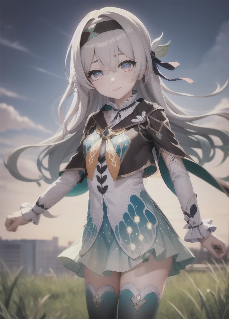 outdoors, sky,
firefly \(honkai: star rail\), 1girl, solo, dress, black hairband, long sleeves, long hair, purple eyes, capelet, looking at viewer, smile, hair between eyes, grey hair, thighhighs, green thighhighs, black thighhighs, closed mouth, multicolored eyes, white sleeves,