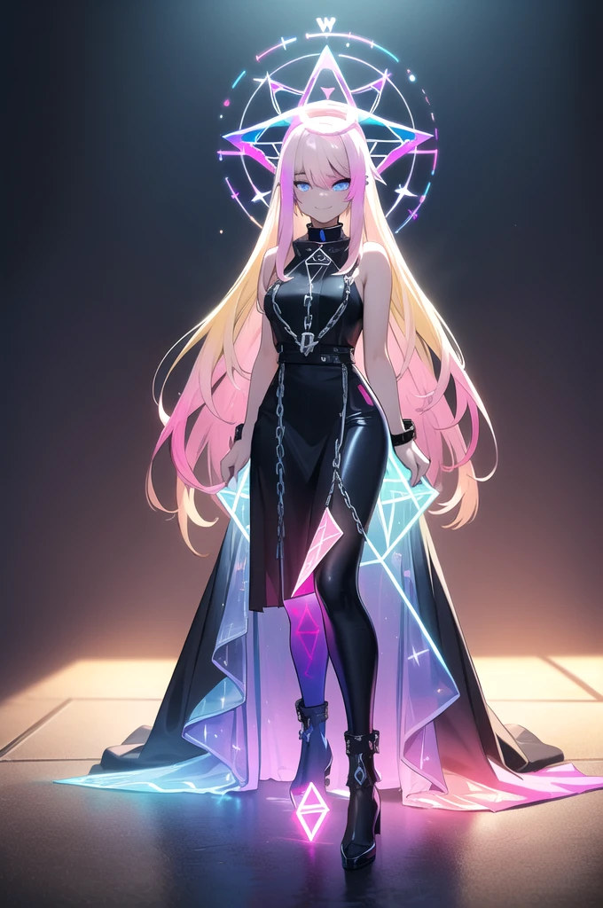 (blonde hair, long hair, sidelocks), (eyes with a mix of pink and blue irises:1.5), two-tone eyes, multicolored eyes gradient eyes, white and black jacket with constellation prints, (best quality,4k,8k,highres,masterpiece:1.2), ultra-detailed, portraits, (HDR:1.1), (vivid colors:1.1), (studio lighting), (bokeh), (highly saturated colors), (soft lighting), (detailed background), (subtle shadows), (ethereal glow), (pastel color palette), (delicate details), (sublime beauty), (feminine charm), (crisp focus), (fine brushwork), (impeccable craftsmanship), (emotional depth), (captivating storytelling), (intriguing narrative), (impressive realism), (exceptional artistry), (masterpiece-worthy), (awe-inspiring), blonde hair, very long hair, sidelocks, (eyes with a mix of pink and blue irises:1.5), (two-tone eyes:1.5), (multicolored irises:1.5), multicolored eyes (gradient eyes:1.5), white and black jacket with constellation prints, metallic skirt, (smug:1.5), (smirk), naughty face, mischievous, futuristic clothing, science fiction setting, high-tech, glowing eyes, (unicursal hexagram-shaped irises), (full body:1.5), (chains:1.5), (holographic halo:1.5), (unicursal hexagram halo:1.5), xuer hologram Laser dress