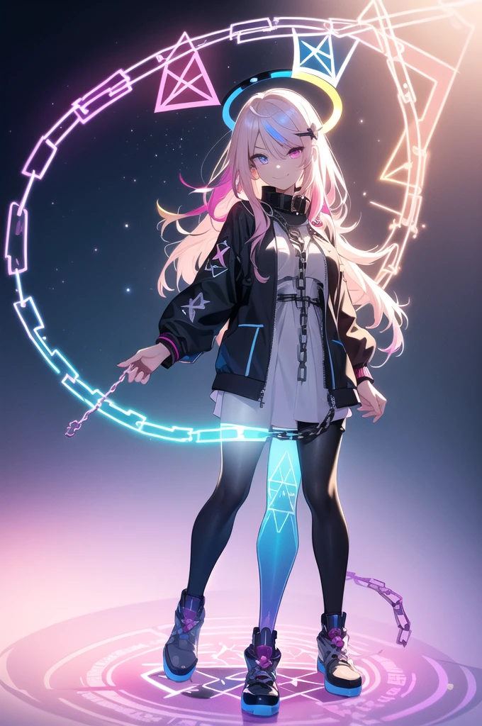 (blonde hair, long hair, sidelocks), (eyes with a mix of yellow and blue irises:1.5), two-tone eyes, multicolored eyes gradient eyes, white and blue jacket with constellation prints, (best quality,4k,8k,highres,masterpiece:1.2), ultra-detailed, portraits, (HDR:1.1), (vivid colors:1.1), (studio lighting), (bokeh), (highly saturated colors), (soft lighting), (detailed background), (subtle shadows), (ethereal glow), (pastel color palette), (delicate details), (sublime beauty), (feminine charm), (crisp focus), (fine brushwork), (impeccable craftsmanship), (emotional depth), (captivating storytelling), (intriguing narrative), (impressive realism), (exceptional artistry), (masterpiece-worthy), (awe-inspiring), blonde hair, very long hair, sidelocks, (eyes with a mix of yellow and blue irises:1.5), (two-tone eyes:1.5), (multicolored irises:1.5), multicolored eyes (gradient eyes:1.5), white and blue jacket with constellation prints, metallic skirt, (smug:1.5), (smirk), naughty face, mischievous, futuristic clothing, science fiction setting, high-tech, glowing eyes, (unicursal hexagram-shaped irises), (full body:1.5), (chains:1.5), (holographic halo:1.5), (unicursal hexagram halo:1.5), xuer hologram Laser dress