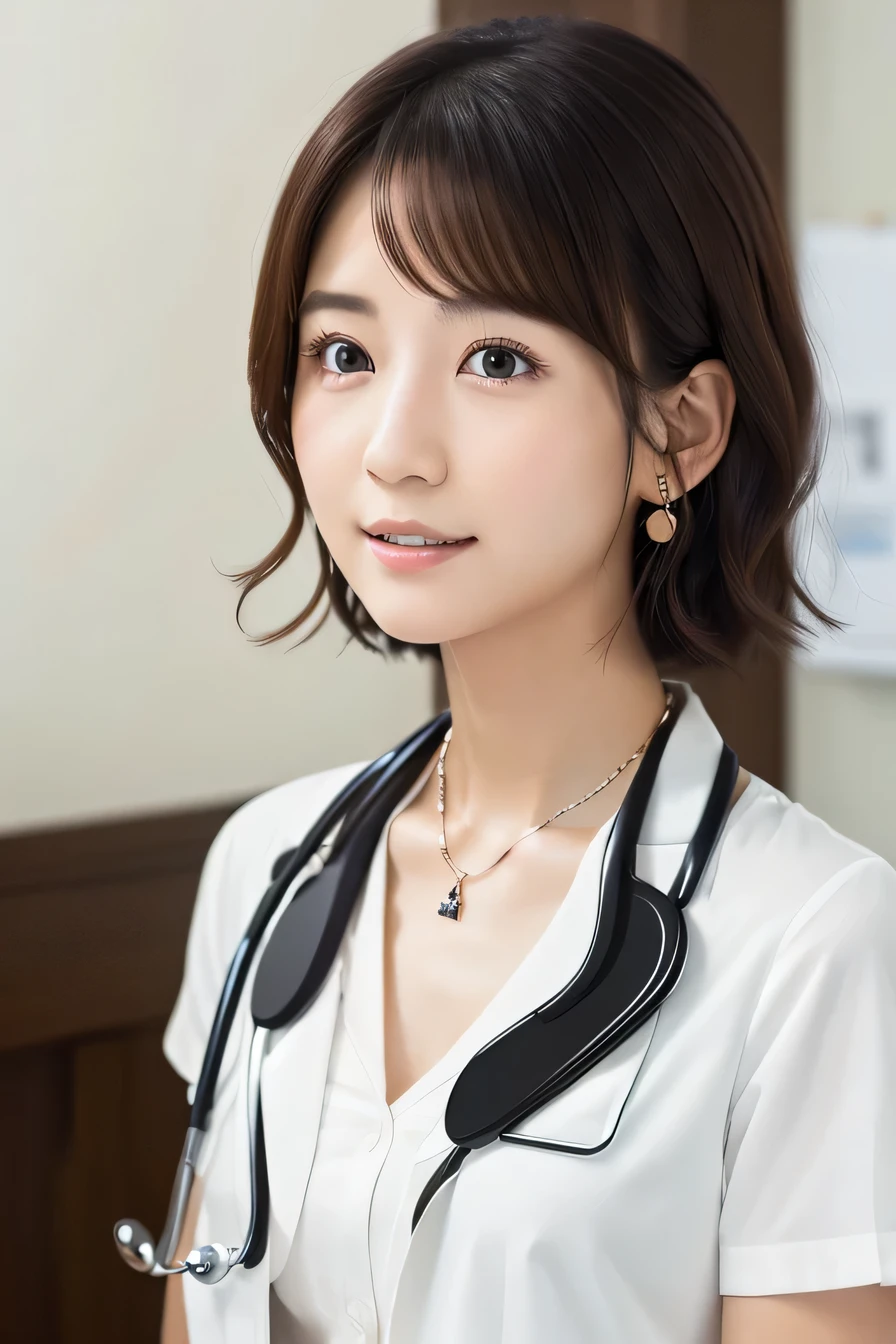 Beautiful young woman、 Japanese women、Black Hair、Necklace around the neck、White、shirt、Stethoscope、short hair、Intricate details, Very detailed:1.2), 、 Looking into the camera,The background is the examination room...、ear piercing
