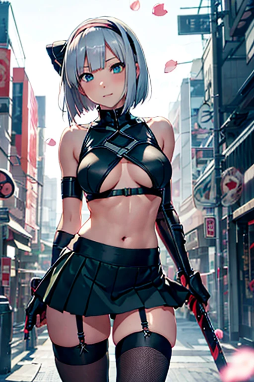 {{{masterpiece}}}, {{{best quality}}}, {{ultra-detailed}}, {illustration}, {{an extremely delicate and beautiful}},One girl,Silver Hair,short hair,Waistline,smile,Plump thighs,Groin,tall,cute,smile,Black ribbon hair band,Female ninja,Ninja,naruto,Shinobi,Combat Ready,Black Pantyhose,Fishnet camisole,made of net,loincloth{Bright fluorescent green Japanese style school girl uniform},{A bright fluorescent green miniskirt},{2 Japanese swords},Uplifting,Spread your legs,rib cage,Ribs,cyber punk,future,sf,Japanese cities,future都市,metropolis,cyborg,25th century,erection of nipple,Macho,muscle,Abdominal muscles,Muscular々,brawny,Biceps,Scattered cherry blossom petals,garter belt,lingerie,Lewd,Slut,Sideboob,Underboob,Belly button,Bold Pose,Sexy pose,Reverse dress,NuBra