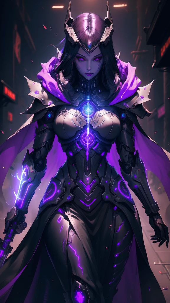 a dark fantasy cyberpunk android woman, 1 girl, highly detailed, hyper realistic, masterpiece, 8k, photorealistic, beautiful detailed eyes, beautiful detailed lips, extremely detailed face, long eyelashes, long white hair, shawl, black coat, glowing purple eyes, expressionless, mecha long skirt, holding a weapon, beautiful necromancer, dark cloaked necromancer, beautiful death, dark witch character, (black purple:1.1), studio lighting, professional, vivid colors, physically-based rendering, extreme detail description