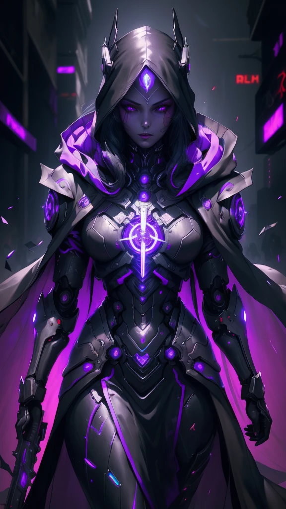 a dark fantasy cyberpunk android woman, 1 girl, highly detailed, hyper realistic, masterpiece, 8k, photorealistic, beautiful detailed eyes, beautiful detailed lips, extremely detailed face, long eyelashes, long white hair, shawl, black coat, glowing purple eyes, expressionless, mecha long skirt, holding a weapon, beautiful necromancer, dark cloaked necromancer, beautiful death, dark witch character, (black purple:1.1), studio lighting, professional, vivid colors, physically-based rendering, extreme detail description