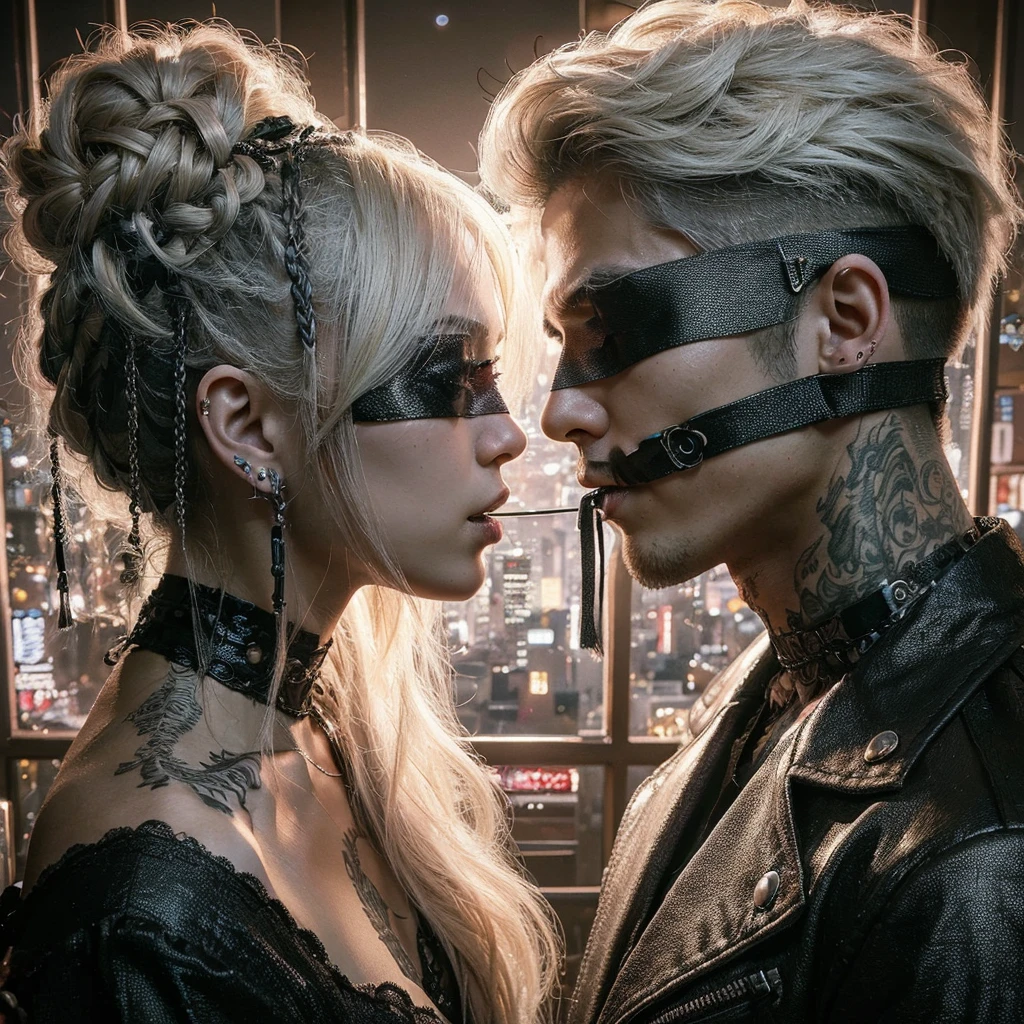 A hyper-realistic 8k highly detailed, portrait, gothic painting, sultry of a close-up of Korean couple facing each other intimately. Both couples have platinum blonde hair; the female has intricate braids, and the male has a modern undercut. They are wearing matching black blinds folded & with straps, adorned the male had black strap in his mouth, The background is Tokyo and lights effect creating a glamorous atmosphere. The male has tattoos on his arm