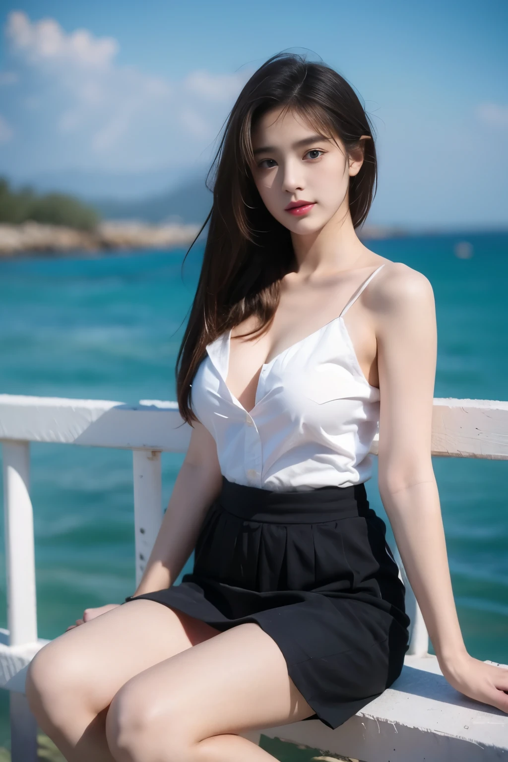 mahalaiuniform,white shirt short sleeves, black pleated skirt, ((Large Breasts)), ((D cup)), Visible cleavage,Highly detailed face and skin texture,((Bare shoulder)), Double eyelids,Skin Whitening,Long hair,Whitening long legs,Standing by the sea, Fashion Girl, Red lips, Sweet Girl, Beautiful makeup, detail, lifelike, Very detailed, Astonishing, beautiful, Young and energetic, high quality,HD, Colorful, Beautifully, Smooth skin, The skirt is very short, Official Art, Extremely detailed, Movie atmosphere, Soft colors, Natural skin texture, Random scene, random shooting Angle, Black over-the-knee socks, lace hem