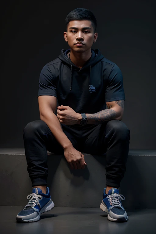 3D caricature, a young Indonesian man wearing a blue t-shirt and black hoodie, wearing black cargo pants and blue sneakers, with an under cut hairstyle, realistic, dark gray background