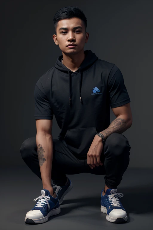 3D caricature, a young Indonesian man wearing a blue t-shirt and black hoodie, wearing black cargo pants and blue sneakers, with an under cut hairstyle, realistic, dark gray background
