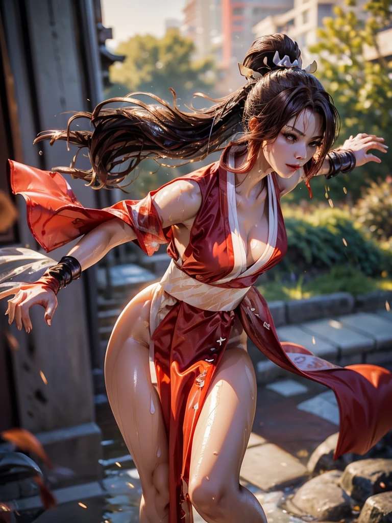 (exquisitely detailed CG unity 8k wallpaper, masterpiece-quality with stunning realism), (best illumination, best shadow), (best quality), (elegant style:1.2), Arti modern anime. angled view, heroic pose, midshot, (cel-shading style:1.3), centered image, ultra detailed closeup portrait of (Mai Shiranui:1) from (King of Fighters), best quality, expressive eyes, perfect face, highres, (ultra details), 1 girl, solo, brown hair, hair ornament, eyeshadow, gold, white and red qipao, highly ornamented, in the city of Japan, portrait, looking at the viewer, piercing eyes, full body, (light from the angle:1) (wind blowing:1.2).(depth of field effects:1.3) (motion action:1.2) (closeup:1.2) (angled closeup photography:1), (motion blur effects:1), wide angles, spreading feet, Thin to transparent,see-through,(((Soggy-kimono:1.2))),Lace fabric, (((water-immersed body: 0.9))),jewelry, relaxing pose, (dress on fire:.7), ((Leaning forward:1))
