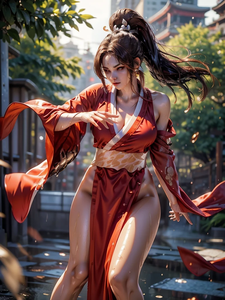 (exquisitely detailed CG unity 8k wallpaper, masterpiece-quality with stunning realism), (best illumination, best shadow), (best quality), (elegant style:1.2), Arti modern anime. angled view, heroic pose, midshot, (cel-shading style:1.3), centered image, ultra detailed closeup portrait of (Mai Shiranui:1) from (King of Fighters), best quality, expressive eyes, perfect face, highres, (ultra details), 1 girl, solo, brown hair, hair ornament, eyeshadow, gold, white and red qipao, highly ornamented, in the city of Japan, portrait, looking at the viewer, piercing eyes, full body, (light from the angle:1) (wind blowing:1.2).(depth of field effects:1.3) (motion action:1.2) (closeup:1.2) (angled closeup photography:1), (motion blur effects:1), wide angles, spreading feet, Thin to ,see-through,(((Soggy-kimono:1.2))),Lace fabric, (((water-immersed body: 0.9))),jewelry, relaxing pose, (dress on fire:.7), ((Leaning forward:1))
