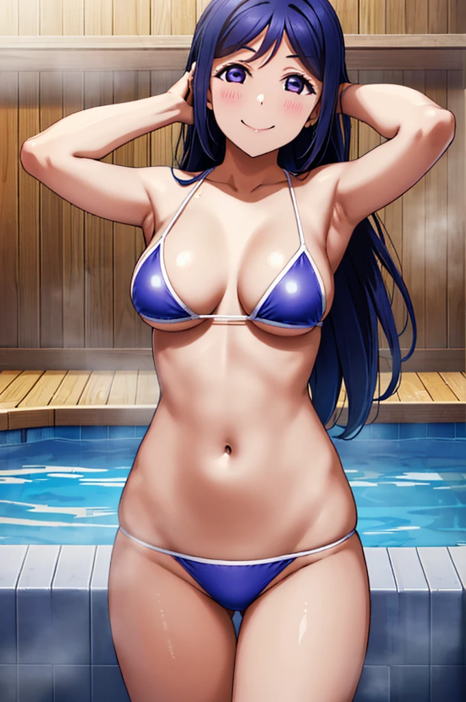 (((pixel-perfect, detail-perfect))), solo, 1girl, kanan matsuura, smile, eyes violet, hair blue, sauna pool, bikini, armpit, medium filesize, ultra High Qality