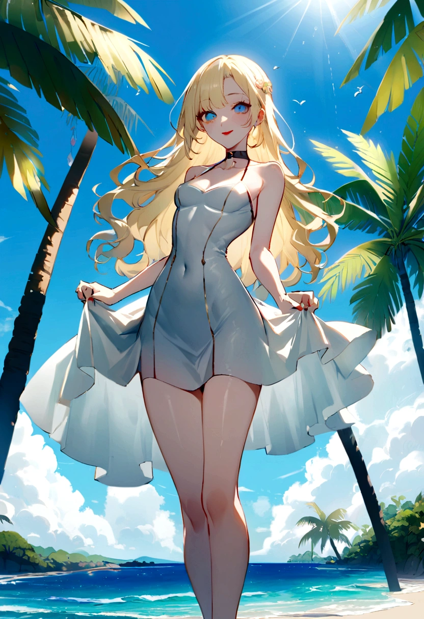 masterpiece, rich colors, Best quality, detailed, high resolution, Hyper quality, high detail, , high quality, detailing, skinny sexy girl on the beach , bright lighting , Brown eyes, Anime, palm trees, bright lighting, blonde,