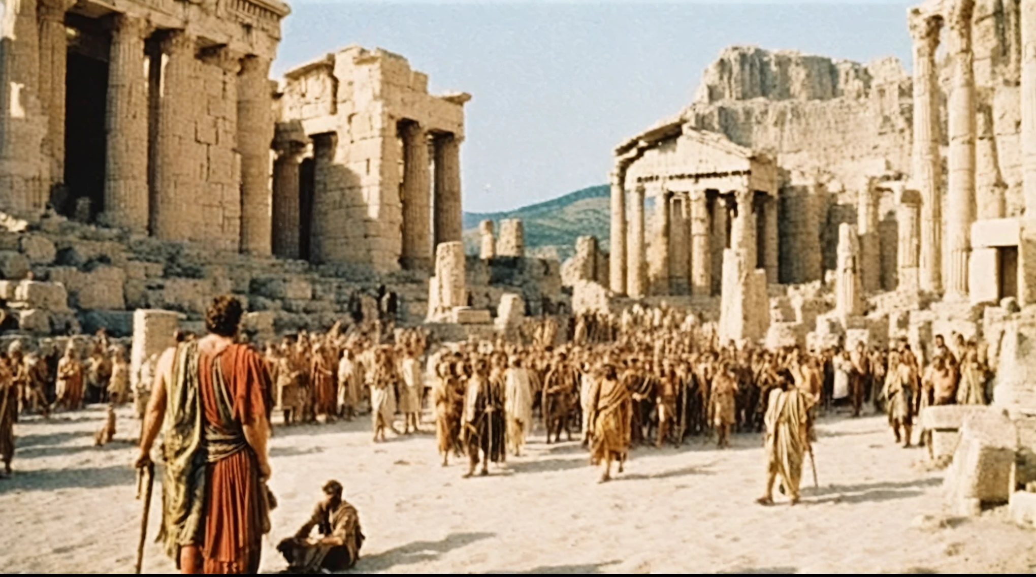grainy old 35mm vintage, there is a large ancient roman-empire city with dinosaurs and people, Ancient Greece Olympus Zeus-god appearing in god-ray, vast scenery