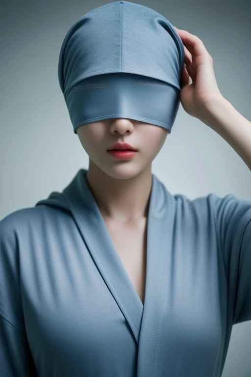 Obra maestra, mejor calidad, cinematic photo of Obra maestra, mejor calidad,  foto cinematográfica de una joven ídolo coreana calva del K-pop con la cabeza rapada, gorro de dormir que cubre la cabeza , orejas, y ojos,  gorro de dormir que cubre los ojos como una venda ,  gorro de dormir encapuchado sobre los ojos como una venda en los ojos , mostrando escote,  de 8k , película, highres,  de 8k , película, highres