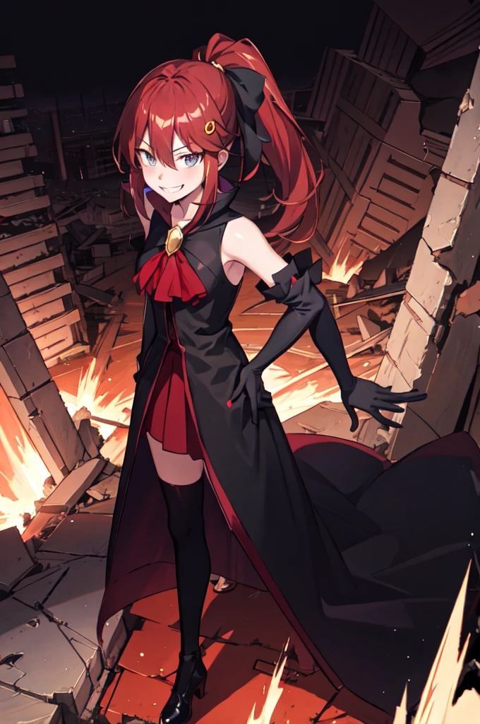 Highest quality, masterpiece, One Girl,Not beautiful, Red Ponytail, Long dress, brooch, Hair Ribbon, - Elbow hand pockets, Black knee socks, Standing on the rubble,Red cityscape, (Wicked Smile:1.1), ,,Dark shadowed face,Sadistic smile,Malice,Contempt,smile,latex,Bad face,,Red Skirt,Raging Thunder