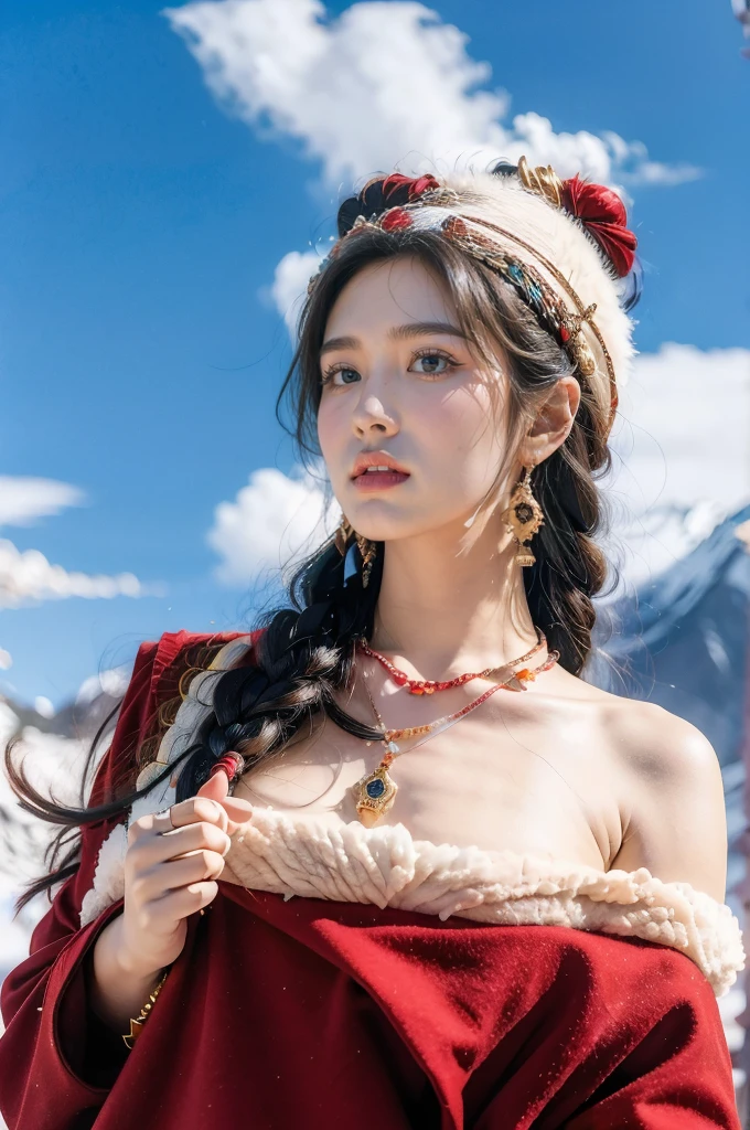 (masterpiece, best quality:1.2),red Tibetan clothing,1 Tibetan girl, blue sky, cloud, cloudy sky, day, earrings,Plush hat, horizon,Tibetan Earrings,jewelry,necklace, lips,snow mountain, outdoors, parted lips, red lips, solo,flat chest,close-up of face