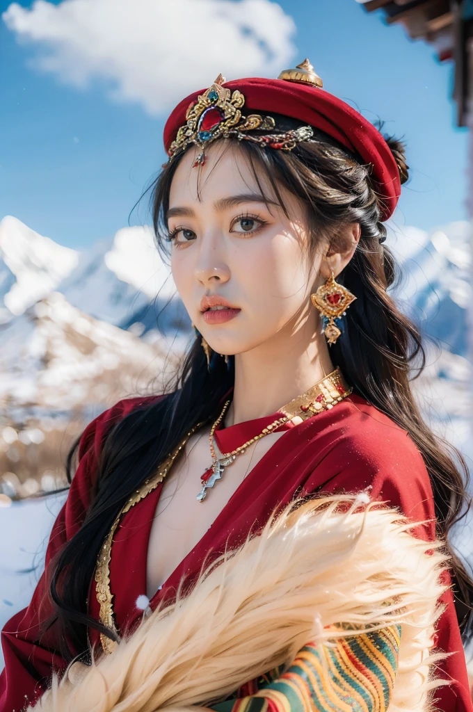 (masterpiece, best quality:1.2),red Tibetan clothing,1 Tibetan girl, blue sky, cloud, cloudy sky, day, earrings,Plush hat, horizon,Tibetan Earrings,jewelry,necklace, lips,snow mountain, outdoors, parted lips, red lips, solo,flat chest,close-up of face