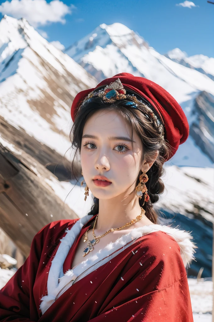(masterpiece, best quality:1.2),red Tibetan clothing,1 Tibetan girl, blue sky, cloud, cloudy sky, day, earrings,Plush hat, horizon,Tibetan Earrings,jewelry,necklace, lips,snow mountain, outdoors, parted lips, red lips, solo,flat chest,close-up of face